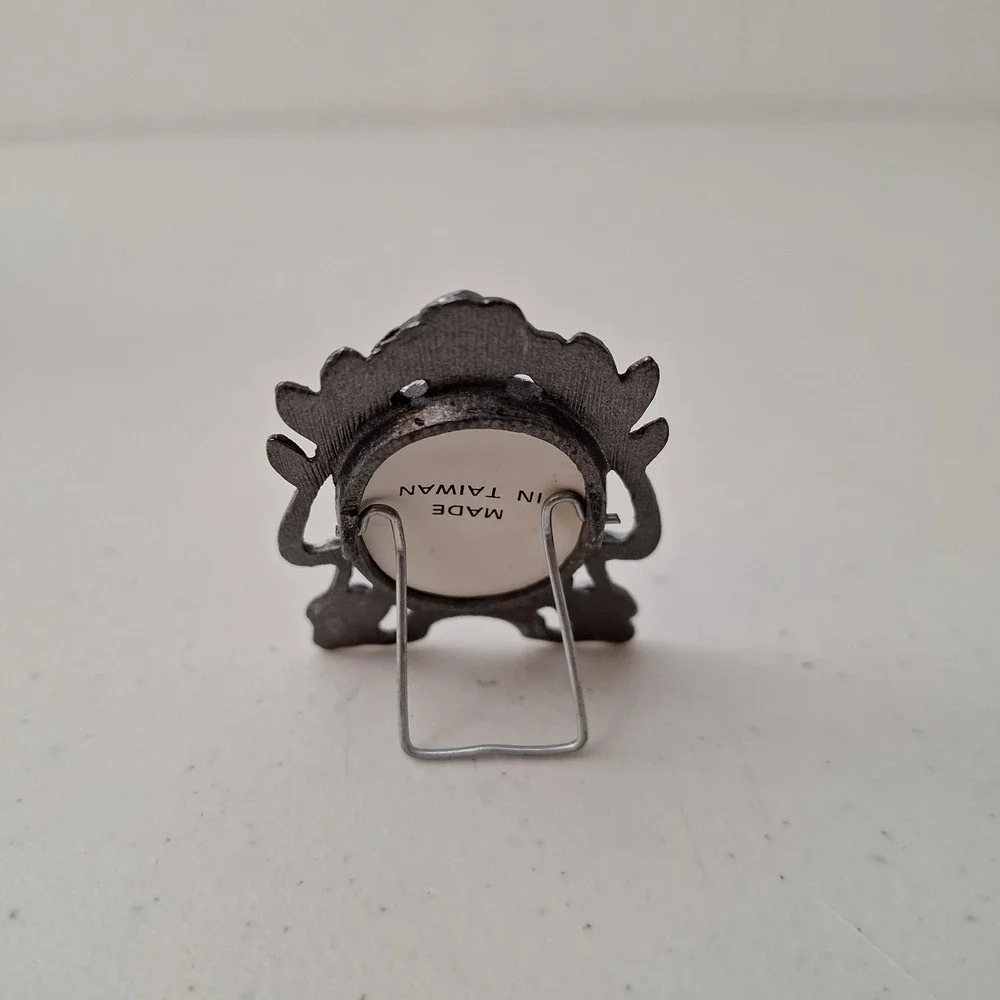 Vintage MCM Pewter Mini Ornate Flower Oval Picture Frame 2.5